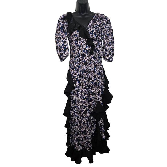 Brogger Dress Ruffle-Trim Floral Size Medium Black Pin Blue - Picture 6 of 12